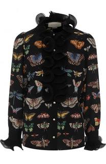 Шелковая блуза с принтом и оборками Gucci