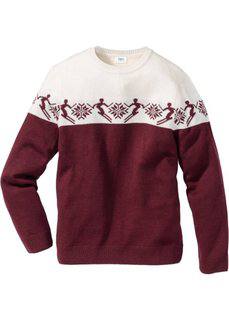 Пуловер Regular Fit в норвежском стиле с долей шерсти (кленово-красный/цвет белой шерсти с узором) Bonprix