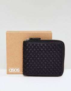 Черный кожаный бумажник на молнии с плетеной отделкой ASOS - Черный
