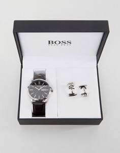 Часы с кожаным ремешком и запонки в подарочном наборе BOSS By Hugo Boss - Черный