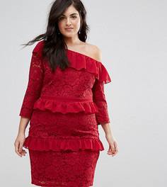 Кружевное платье-футляр на одно плечо с рюшами Lovedrobe - Красный