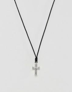 Черное кожаное ожерелье с крестиком Icon Brand - Серебряный