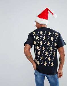 Новогодняя футболка с принтом пряничного человечка на спине New Love Club - Черный