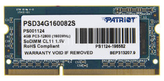 Модуль памяти Patriot Memory DDR3 SO-DIMM 1600Mhz PC3-12800 CL11 - 4Gb PSD34G160082S