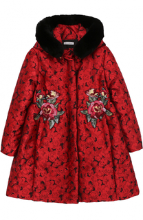 Утепленное пальто с вышивкой и меховой отделкой на капюшоне Dolce &amp; Gabbana