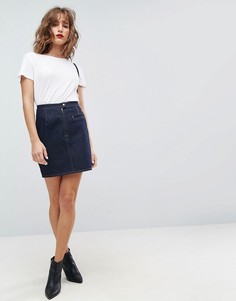 Синяя джинсовая мини-юбка с коричневыми строчками ASOS - Синий