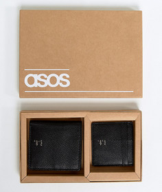 Черные кожаные бумажник и кредитница с тисненым логотипом металлик ASOS - Черный