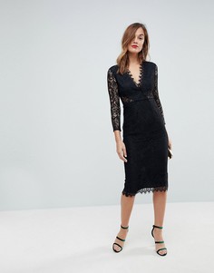 Кружевное платье-футляр миди с длинными рукавами ASOS - Черный
