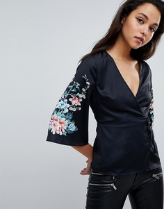 Блузка в стиле кимоно с цветочным принтом на рукавах Fashion Union - Черный