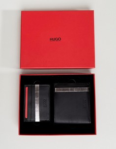 Подарочный набор из черного кожаного бумажника и кошелька для карт HUGO - Черный