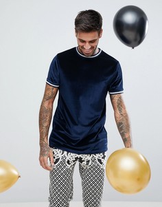 Темно-синяя велюровая футболка с отделкой металлик ASOS - Синий