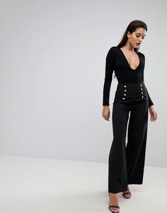 Широкие брюки с золотистыми пуговицами Flounce London - Черный