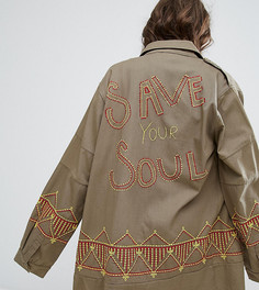 Oversize-куртка в стиле милитари с вышивкой Save Your Soul Sacred Hawk - Зеленый