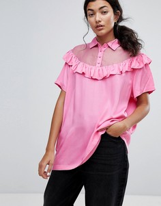 Оверсайз-футболка с прозрачными вставками, оборкой и надписью Bad For You Lazy Oaf - Розовый