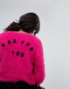 Пушистый вязаный кардиган с надписью Bad For You на спине Lazy Oaf - Розовый