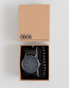 Часы с дизайном в виде компаса и браслет в подарочном наборе ASOS - Черный
