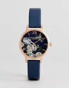 Часы с темно-синим кожаным ремешком и цветочным рисунком Olivia Burton OB16WG13 Signature - Темно-синий