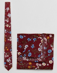 Галстук с цветочным принтом и платок паше бордовой расцветки ASOS - Красный