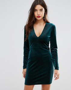 Бархатное платье мини со складками и глубоким V-образным вырезом Ivyrevel - Зеленый