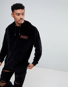 Велюровый худи оверсайз с текстовым принтом ASOS - Черный