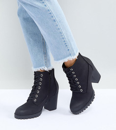 Полусапожки для широкой стопы на каблуке и рифленой подошве со шнуровкой New Look - Черный
