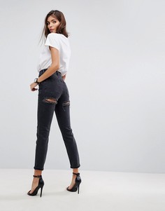 Черные выбеленные джинсы слим в винтажном стиле с завышенной талией и рваными ягодицами ASOS FARLEIGH - Черный