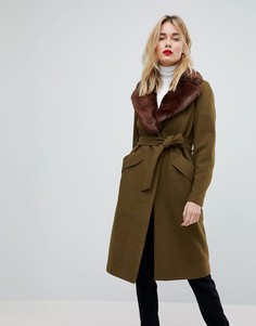 Длинное шерстяное пальто с воротником из искусственного меха Vero Moda - Зеленый
