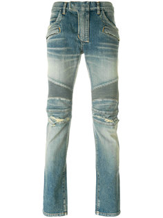 байкерские джинсы с потертой отделкой  Balmain