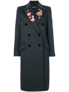 двубортное пальто с цветочной отделкой и стразами  Dolce & Gabbana