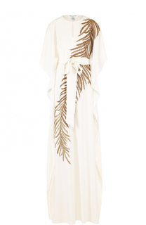 Шелковое платье-макси с поясом и контрастной вышивкой Oscar de la Renta