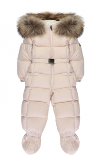 Пуховый комбинезон с меховой отделкой на капюшоне Moncler Enfant