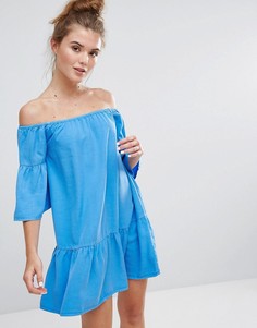 Свободное платье из ткани шамбре с открытыми плечами Pimkie - Синий