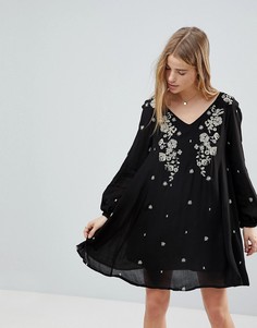 Платье с длинными рукавами и цветочной вышивкой Rd & Koko - Черный