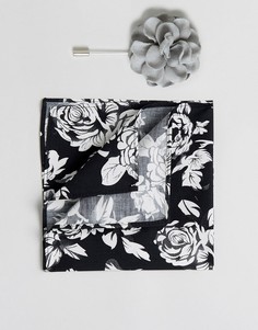 Платок для нагрудного кармана с цветочным принтом и булавка на лацкан с цветком Devils Advocate - Черный