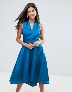 Атласное короткое приталенное платье с удлиненным краем Closet - Синий