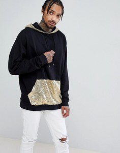 Oversize-худи удлиненного кроя с золотистыми пайетками на капюшоне и кармане ASOS - Черный