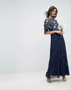 Платье макси с отделкой и рукавами клеш ASOS WEDDING - Темно-синий