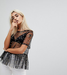 Прозрачный сетчатый топ с вышитыми звездами цвета металлик Glamorous Petite - Черный