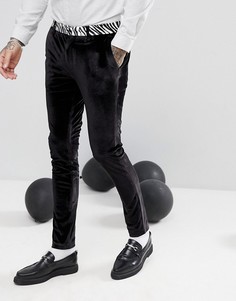 Черные бархатные брюки скинни под смокинг с зебровым принтом ASOS - Черный