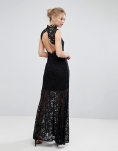 Кружевное платье макси с высоким воротом, открытой спиной и разрезом Aijek - Черный