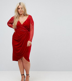 Бархатное платье миди с запахом и кружевной аппликацией на рукавах Little Mistress Plus - Красный