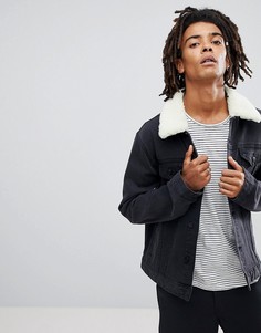 Черная выбеленная джинсовая куртка с воротником борг ASOS - Черный