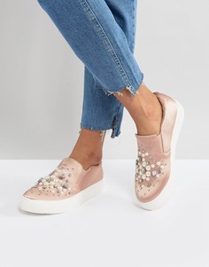Атласные кроссовки-слипоны с искусственным жемчугом New Look - Розовый