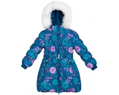 Пальто для девочки Barkito, синее с рисунком «цветы»