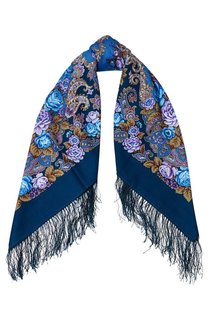 Синий платок с цветами Павловопосадская Платочная Мануфактура