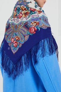 Синий платок с розами и лилиями Павловопосадская Платочная Мануфактура