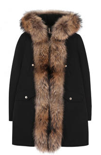Пуховое пальто с капюшоном и меховой отделкой Moncler Enfant