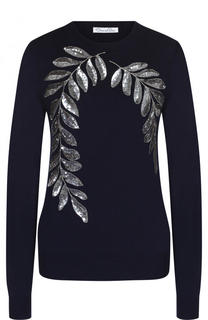 Однотонный шерстяной пуловер с контрастной вышивкой пайетками Oscar de la Renta