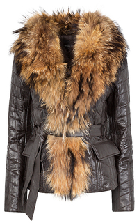 Куртка из натуральной кожи с поясом и отделкой мехом енота La Reine Blanche