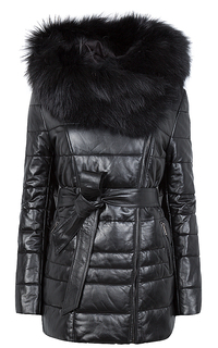 Куртка из натуральной кожи с поясом и отделкой мехом песца La Reine Blanche